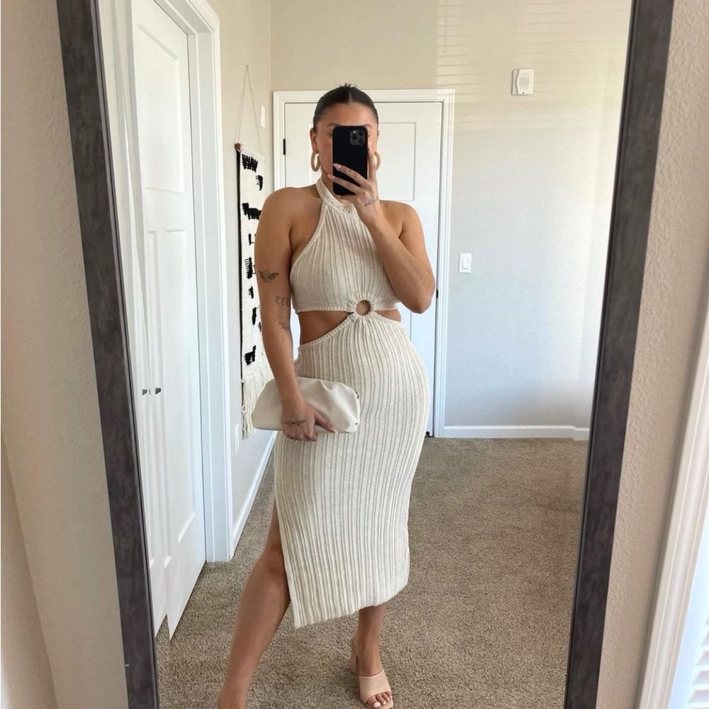 New Boutique Tan Knit Cutout Midi Dress